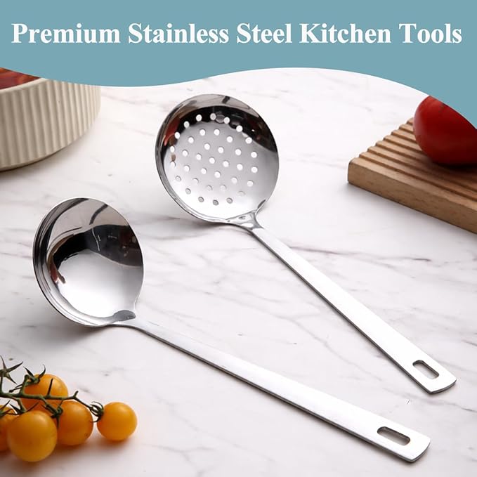 Berglander Slotted Spoons and Kitchen Ladle Spoon Set 2 Pcs, Stainless Steel Kitchen Spider Strainer Skimmer Soup Ladle for Straining Pasta/Cooking/Frying, Serving Soup/Gravy, Metal Kitchen Utensils - Image 6