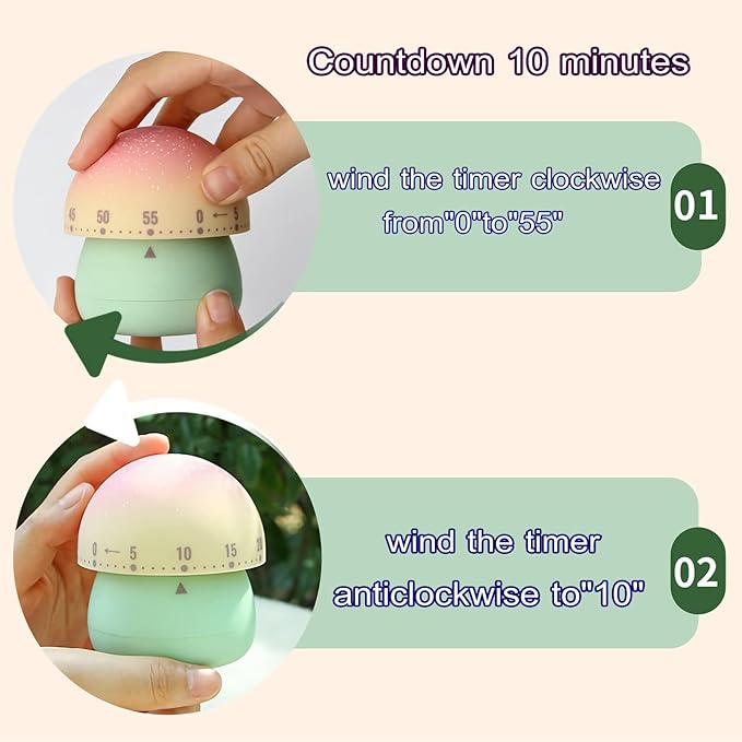 Mechanical Kitchen Timer, Cute Mushroom Timer for Kids, Wind Up 60 Minute Manual Countdown Timer for Classroom, Home, Study and Cooking (Grey Base) - Image 3
