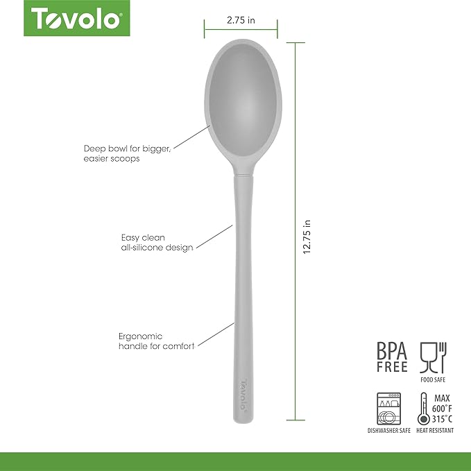 Tovolo Flex Core Silicone Deep Spoon for Cooking Mixing Baking Serving, Dishwasher Safe BPA Free All Silicone Kitchen Spoon Heat Resistant Nonstick Safe Serving Spoon, Oyster Gray