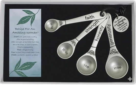 Amazing Woman Measuring Spoon Set, Decorative Gifts and Kitchen Accessories, 4 Spoons, Engraved Pewter and Silver Enamel, By Abbey & CA Gift by Abbey+%2B+CA+Gift