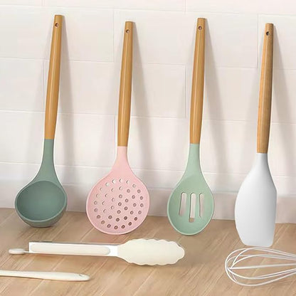 Silicone Cooking Utensils Set - 446°F Heat Resistant Silicone Kitchen Utensils for Cooking,Kitchen Utensil Spatula Set w Wooden Handles and Holder, BPA FREE Gadgets for Non-Stick Cookware (Colorful) - Image 7