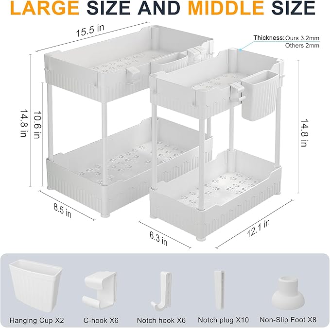 Sevenblue 2 Pack Under Sink Organizer, Under Bathroom Cabinet Organizer with Hooks Hanging Cup, Multi-Purpose Storage Shelf for Kitchen Bathroom (White, 14.8 Inch) - Image 2