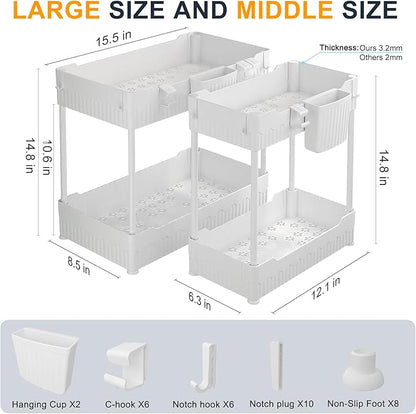 Sevenblue 2 Pack Under Sink Organizer, Under Bathroom Cabinet Organizer with Hooks Hanging Cup, Multi-Purpose Storage Shelf for Kitchen Bathroom (White, 14.8 Inch) - Image 2