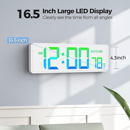 REACHER 16.5" Large Digital Wall Timer Clock with Countdown Timer, Auto Dimmer, Temperature, Remote Control, LED Wall Clock for Home Decor, Living Room, Office, Gym, Classroom, White