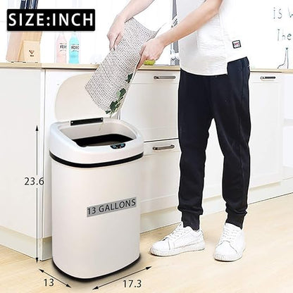 Dkeli Kitchen Trash Can for Bathroom Bedroom Home Office Automatic Touch Free High-Capacity Garbage Can with Lid Brushed Stainless Steel Waste Bin 13 Gallon / 50L - White