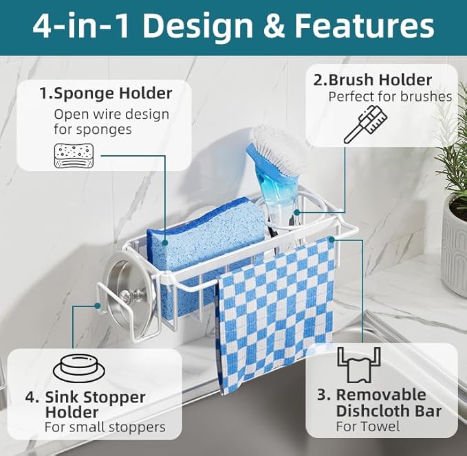 TAILI 4-in-1 Sink Caddy with Strong Suction Cup, Sponge Holder for Kitchen Sink Organizer, Removable, Rustproof, Stainless Steel Holder for Sponge, Brush, Scrubber, Scraper - White - Image 5