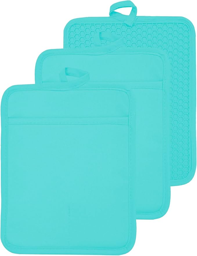 Oven Pot Holder with Pocket Cotton Heat Resistant Coaster Potholder Kitchen Hot Pad Oven Mitts for Cooking and Baking Square 7"x9" (Aqua, Silicone) by VEIKERY