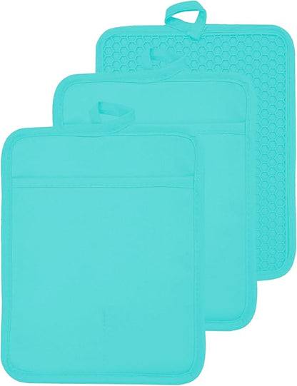 Oven Pot Holder with Pocket Cotton Heat Resistant Coaster Potholder Kitchen Hot Pad Oven Mitts for Cooking and Baking Square 7"x9" (Aqua, Silicone) by VEIKERY