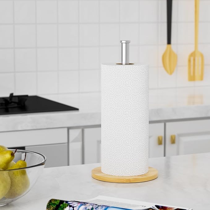 Wooden Paper Towel Holder Countertop, Sliver, Non-Slip Base, Stainless Steel, FreeStanding, Easy Install, Durable, Ideal for Home,RV,Bathroom,Farmhouse Essentials Decor Accessories