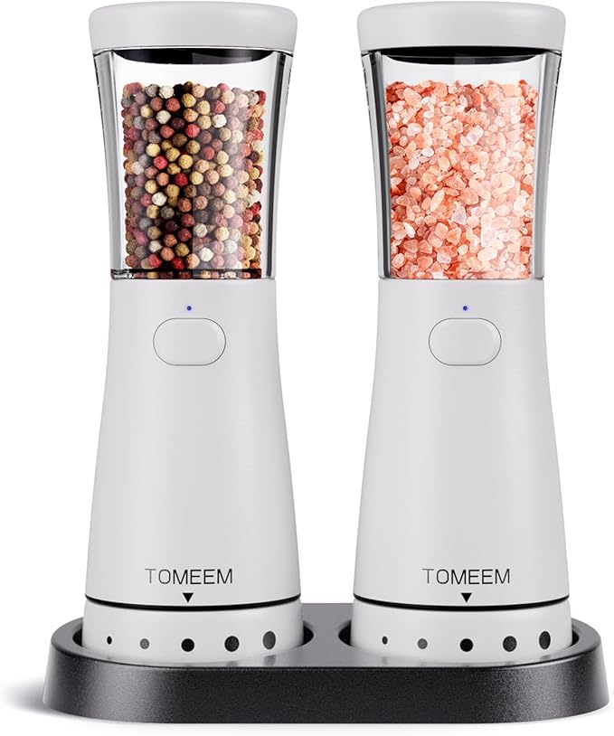 Electric Salt and Pepper Grinder Set with Storage Base, Stainless Steel Rechargeable Salt and Pepper Grinder Set with 4.5 oz Large Capacity, 1.8" Wide Mouth, Adjustable Coarseness, Ideal for Kitchen by Tomeem