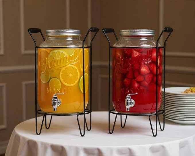 2 PACK-2 GALLON Drink Dispensers for Parties, Drink Dispensers for Parties, Original Mason Beverage Dispensers with Stand, Glass Water Jug Dispenser, 100% Leakproof Spigot