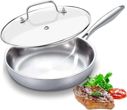 DELARLO Tri-Ply Stainless Steel Pan, 18/10 Frying Pan, Oven Safe Up to 600°F, Nontoxic Cookware, Compatible with All Cooktops Skillet, Durable, Fast Even Heat Fry Pan,12 inch Pan with Glass Lids by DELARLOCOOKWARE