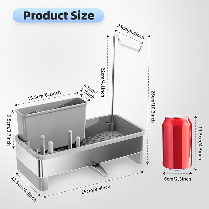 Ewaiira Stainless Steel Sink Caddy, Sponge Holder for Kitchen Sink with Brush Holder & Dishcloth Rack, Rustproof Sink Organizer Countertop, Kitchen Organizers Storage Essentials (F-Gray 9.8″) - Image 6