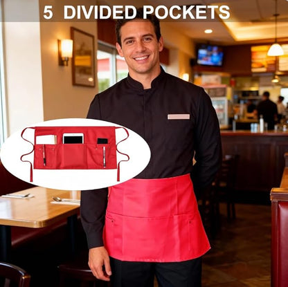 TiwerlfeServer Waist Aprons with 5 Pockets - 11.5 Inch Waterdrop & Oil Resistant Waitress Waiter Half Apron