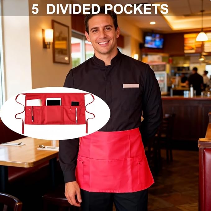 TiwerlfeServer Waist Aprons with 5 Pockets - 11.5 Inch Waterdrop & Oil Resistant Waitress Waiter Half Apron