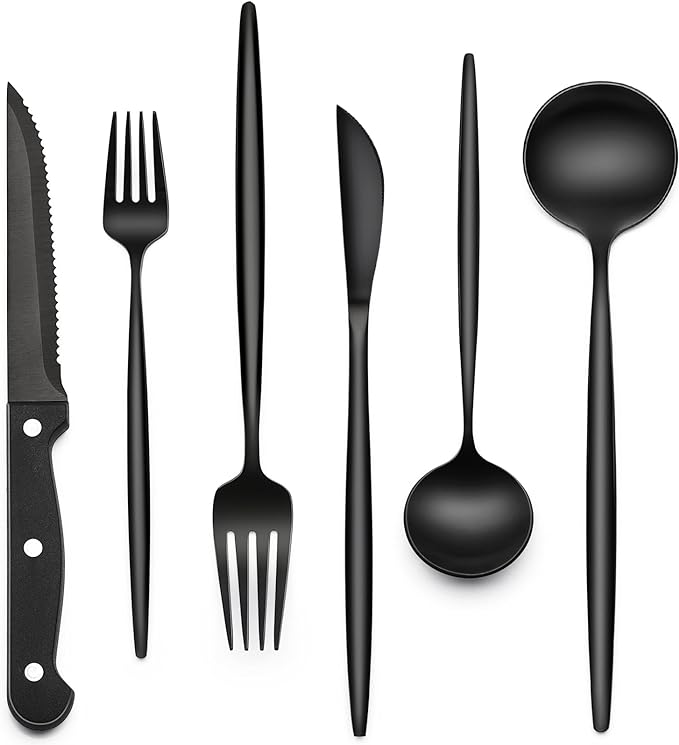 EWFEN 24-Piece Black Silverware Set with Steak Knives, Black Flatware Set for 4, Food-Grade Stainless Steel Tableware Cutlery Set, Mirror Finished Utensil Sets for Home Restaurant, Long Edge by EWFEN