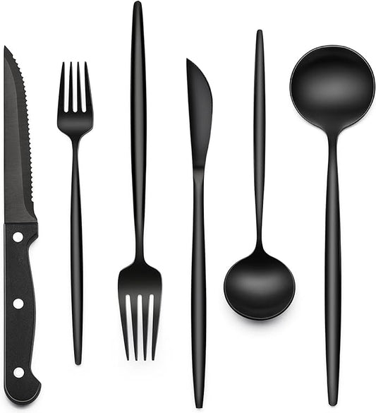 EWFEN 24-Piece Black Silverware Set with Steak Knives, Black Flatware Set for 4, Food-Grade Stainless Steel Tableware Cutlery Set, Mirror Finished Utensil Sets for Home Restaurant, Long Edge by EWFEN