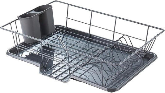Sweet Home Collection Space-Saving 3-Piece Dish Drainer Rack Set: Efficient Kitchen Organizer for Quick Drying and Storage - Includes Cutlery Holder and Drainboard - Maximize Countertop Space, Gray by SweetHomeCollection