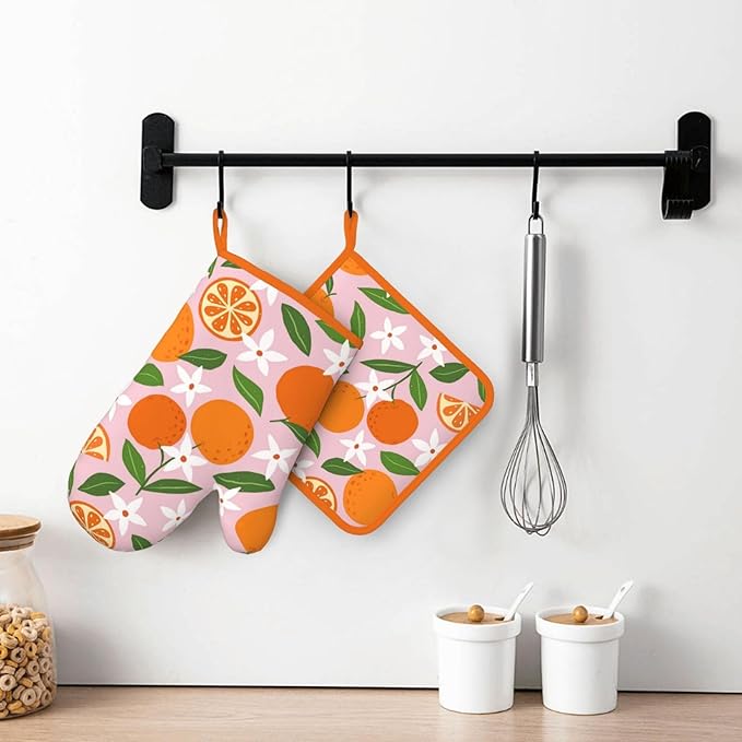 Tropical Fruit Oranges Silicone Oven Mitts Pan Mats Set of 2, Heat Resistant Gloves Potholder with Non-Slip Grips Hanging Loops Pot Holder, Spring Summer for Chef Cooking, Baking, Grilling, BBQ