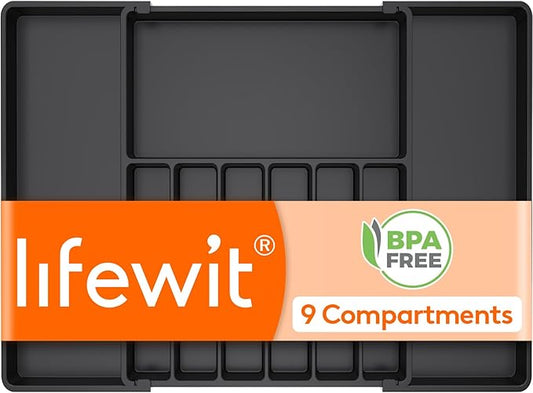 Lifewit Silverware Drawer Organizer, Expandable Utensil Tray for Kitchen, BPA Free Flatware and Cutlery Holder, Adjustable Plastic Storage for Spoons Forks Knives, 17- 30 x 18.5", Black by Lifewit