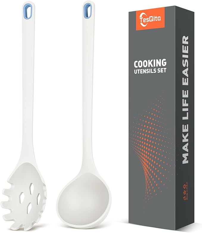 Silicone Spaghetti Spoon&Soup Ladle Cooking Utensils Set of 2,No Scratch for Nonstick Cookware,BPA Free, 450℉ Heat Resistant (White) by TesQita