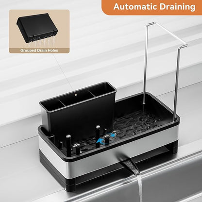 Laveshop Sponge Holder for Kitchen Sink, Rustproof Stainless Steel Sink Caddy with Auto-Drain, Removable Brush Holders, Soap and Dishcloth Organizer, Black - Image 3
