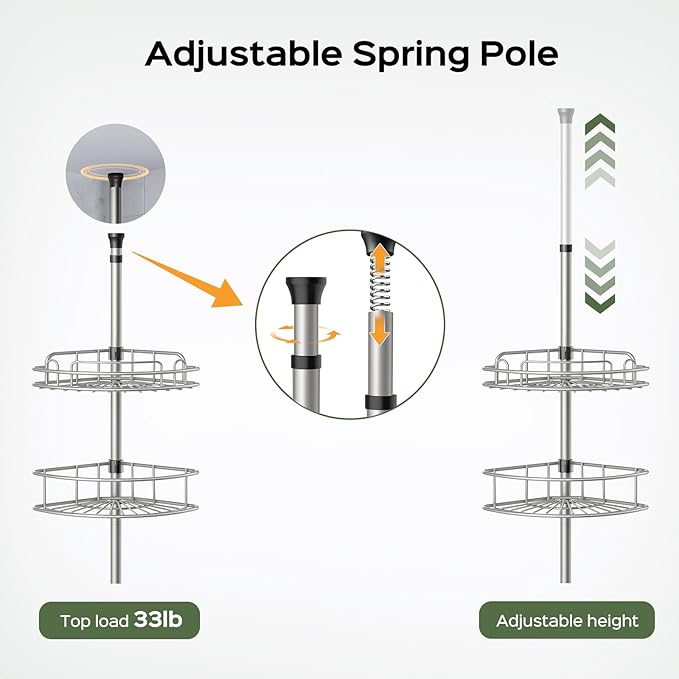 HAMITOR Corner Shower Caddy Tension Pole: 4-Tier Rust-Resistant Adjustable Bathroom Organizer Shelves - 47-121 Inch No-Drill Quick Installation - Space-Saving Storage for Renters Family - Silver Gray - Image 4