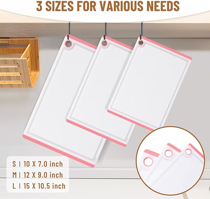 Kikcoin Plastic Cutting Boards for Kitchen, 3-Piece Large Cutting Board Set Dishwasher Safe Chopping Boards with Non-slip Feet and Juice Grooves, Pink - Image 2
