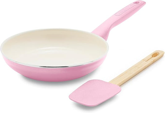 GreenPan Rio Healthy Ceramic Nonstick 8" Frying Pan Skillet and Silicone Spatula Set, Soft Grip Handle, Breaktfast Meal Set, PFAS-Free, Dishwasher Safe, Oven Safe, Pink by GreenPan