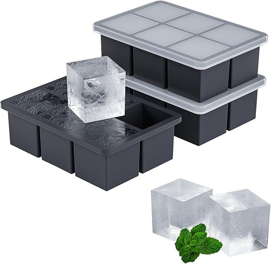 Large Ice Cube Tray for Whiskey 3 Pack, HANCELANT Big Silicone Square Ice Cube Mold with Removable Lid, 2'' Huge Square Ice Cubed Tray for Whisky and Cocktail by HANCELANT