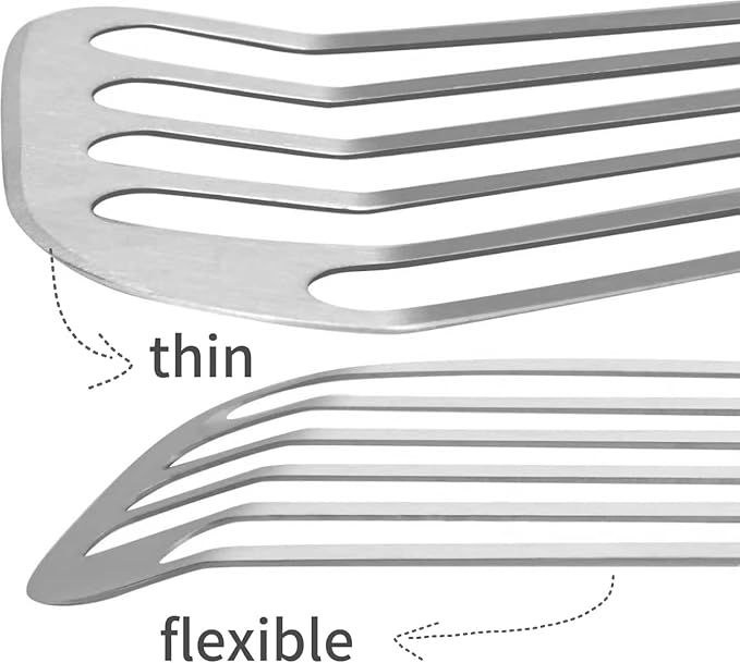KSENDALO Thin Fish Spatula Stainless Steel -Flexible Slotted Egg Flipper with Angled Blade & Comfortable Hollow Grip, Metal Turner for Fish Egg Omelettes Pancakes, All Cookware, Dishwasher Safe