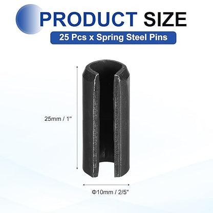 MECCANIXITY 25Pcs Slotted Split Roll Pins 2/5 Inch(10mm) Dia. 1 Inch(25mm) Length 65Mn Steel Spring Tension Expansion Dowels for Secure Fastening, Black