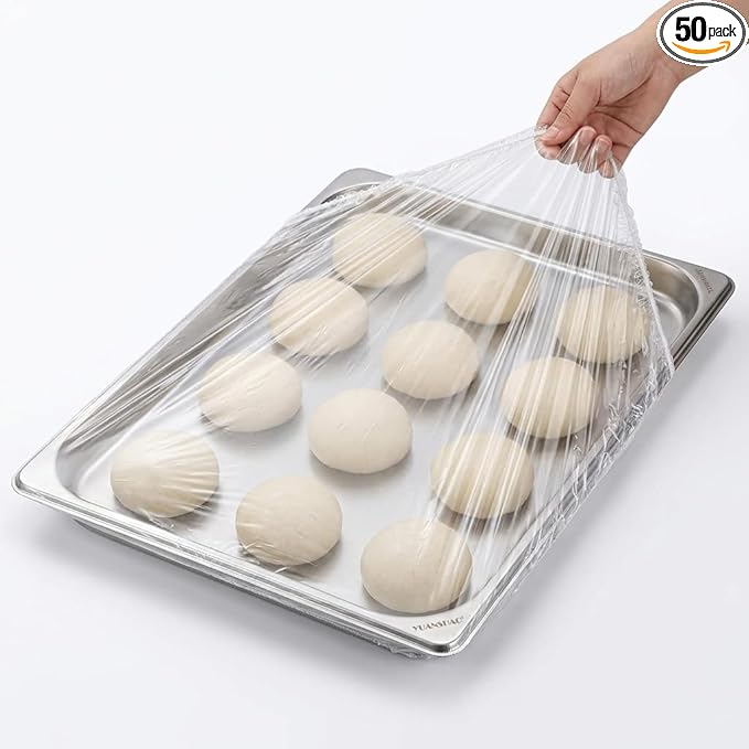 50Pcs Sheet Pan Covers for 24x16, 21x15, 18x13 inch - Extra Large Elastic Food Covers Stretches to 39", 12 Microns Thick Oversized Bowl Covers for Foil Pans & Dough Proofing- BV Certified BPA-Free