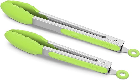 2 Pack Silicone Kitchen Tongs – 9" & 12" Set, Heat Resistant up to 500°F, Non‑Stick Cookware Safe, Wavy Silicone Tips, BPA Free, Locking Clip & Hanging Loop, Light Green by ALLWIN-HOUSEWARE