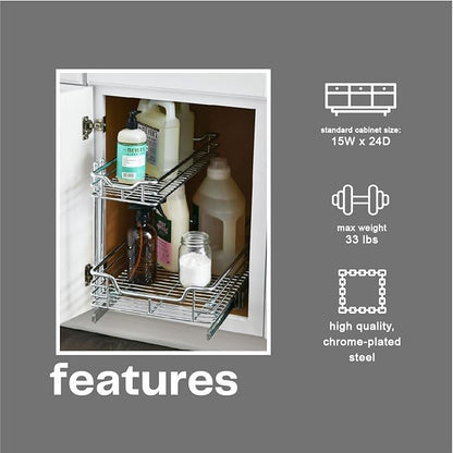 Household Essentials Glidez Multipurpose Chrome-Plated Steel Pull-Out/Slide-Out Storage Organizer for Under Sink or Under Cabinet Use - 2-Tier Design - Fits Standard Size Cabinet or Shelf, Chrome