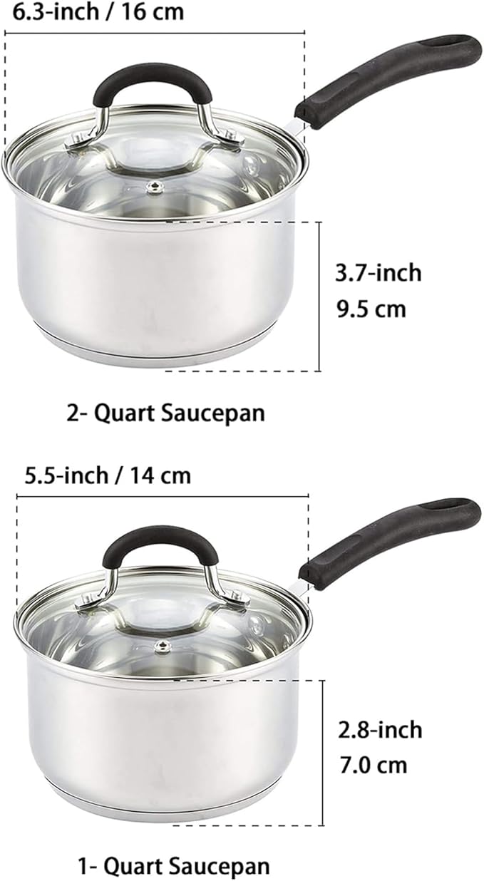 Cook N Home 1 & 2 Quart Stainless Steel Saucepan Sets with Lid, Induction Compatible Milk Pots, Stay-Cool Silicone Handle, Mirror Polished 18/10 Cookware, Dishwasher & Oven Safe, Silver - Image 2