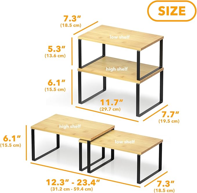SpaceAid Cabinet Shelf Organizers 2 Pack, Kitchen Counter Rack Shelves Riser, Stackable Expandable Spice Rack, Pantry Cupboard Storage Organization (Black and Natural, Short) - Image 2