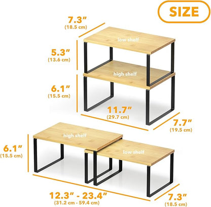 SpaceAid Cabinet Shelf Organizers 2 Pack, Kitchen Counter Rack Shelves Riser, Stackable Expandable Spice Rack, Pantry Cupboard Storage Organization (Black and Natural, Short) - Image 2