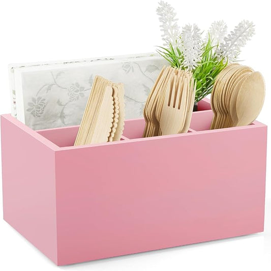 DRASTAR Utensil Holder, Wooden Silverware Caddy, Picnic Cutlery Organizer, Countertop Silverware Holder for Party, Pink