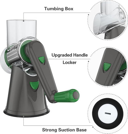 Cambom Rotary Cheese Grater Hand Crank Cheese Shredder for Fresh Cheese, Vegetable, Nuts,Non-slip Suction Base, Free Cleaning Brush Three Blades, Grey and Green - Image 6