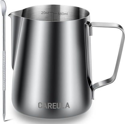 Milk Frothing Pitcher, 20oz Stainless Steel Milk Frother Cup Steaming Pitcher, Coffee Bar Cappuccino Espresso Machine Accessories Barista Tools, Metal Pitcher Milk Jug with Decorating Latte Art Pen