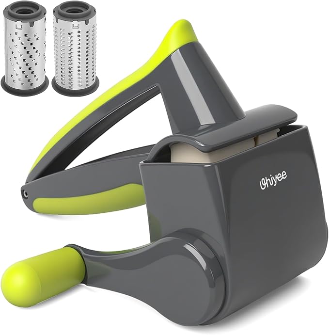 UHIYEE Patented Rotary Parmesan Cheese Grater, Hand Crank Cheese Shredder with Fine & Coarse Drums, Restaurant Quality, White, Stainless Steel & ABS, Dishwasher Safe, Gray Green by UHIYEE