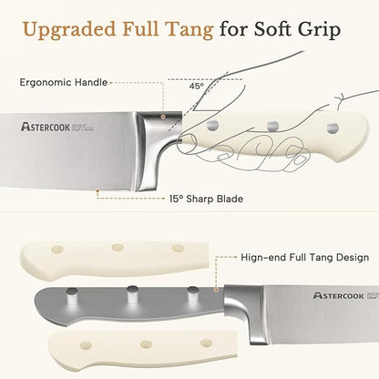 Knife Set,Astercook Kitchen Knife Set with Block 22-Piece Full Tang Stainless Steel Knives with Sharpener Dishwasher Safe and Anti-Slip Ergonomic Handle Elegant Cream White Utensils Set - Image 2