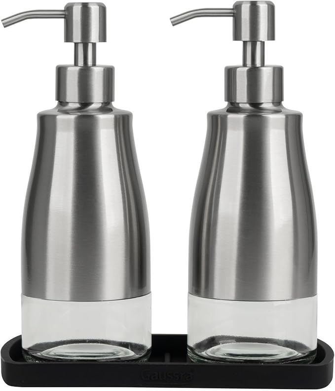 Gaussra Kitchen Soap Dispenser Set with Silicone Tray and Stickers - Brushed Nickel, Stainless Steel Glass Soap Dispenser Bathroom, Refillable Hand Dish Dispenser for Kitchen Sink by Gaussra