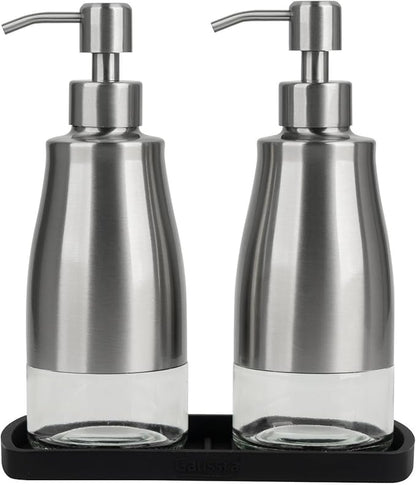 Gaussra Kitchen Soap Dispenser Set with Silicone Tray and Stickers - Brushed Nickel, Stainless Steel Glass Soap Dispenser Bathroom, Refillable Hand Dish Dispenser for Kitchen Sink by Gaussra