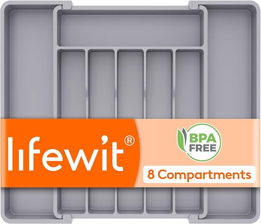 Lifewit Silverware Drawer Organizer, Expandable Utensil Tray for Kitchen, BPA Free Flatware and Cutlery Holder, Adjustable Plastic Storage for Spoons Forks Knives, 10.9"-17.5" x 13.7", Gray by Lifewit