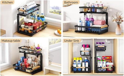 PXRACK Under Sink Organizer, Adjustable Height, 2 Tier Pull Out Under Cabinet Organizer, Slide Out Thickened Metal Under Sink Storage for Kitchen Bathroom Laundry Pantry Cabinet, Black, Small-2-Pack - Image 7