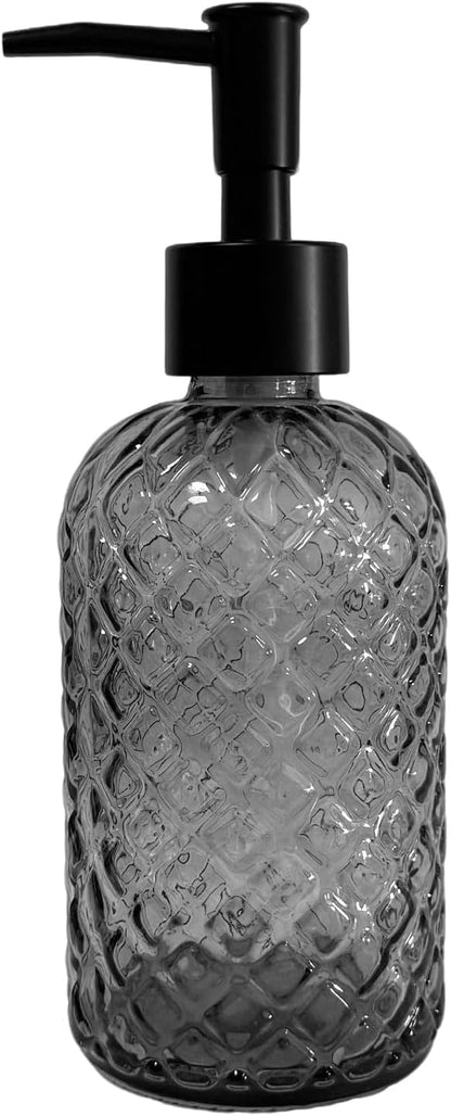 Grey Glass Soap Dispenser with Black Plastic Pump, 13.5oz Refillable Liquid Hand Dispenser, Lotion Dish Soap Dispenser for Modern Home Decor, Bathroom, Kitchen Countertop, Hotel