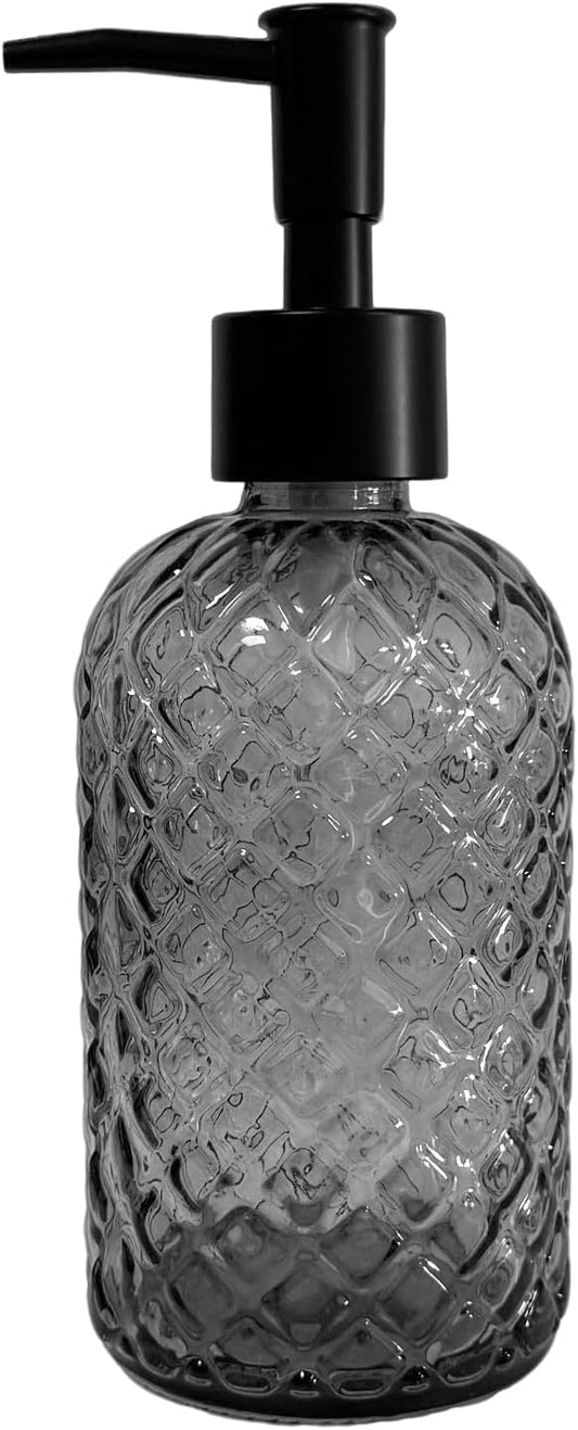 Grey Glass Soap Dispenser with Black Plastic Pump, 13.5oz Refillable Liquid Hand Dispenser, Lotion Dish Soap Dispenser for Modern Home Decor, Bathroom, Kitchen Countertop, Hotel