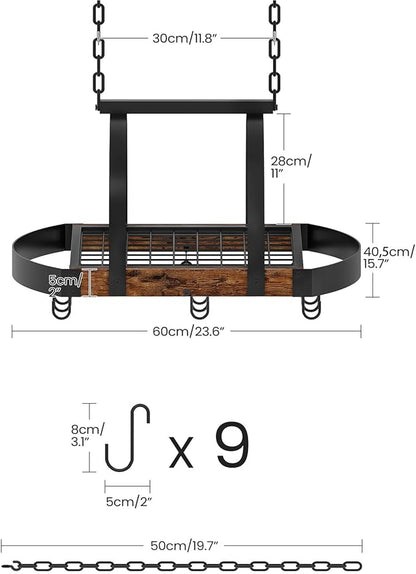 CHOEZON Hanging Pot Rack, Pot Hanger for Kitchen, Ceiling Mounted Pot Holder, Cookware Organizer with 9 S-Shaped Hooks, for Pot, Pan Storage, Space-Saving, Rustic Brown and Black TPR07BF - Image 3